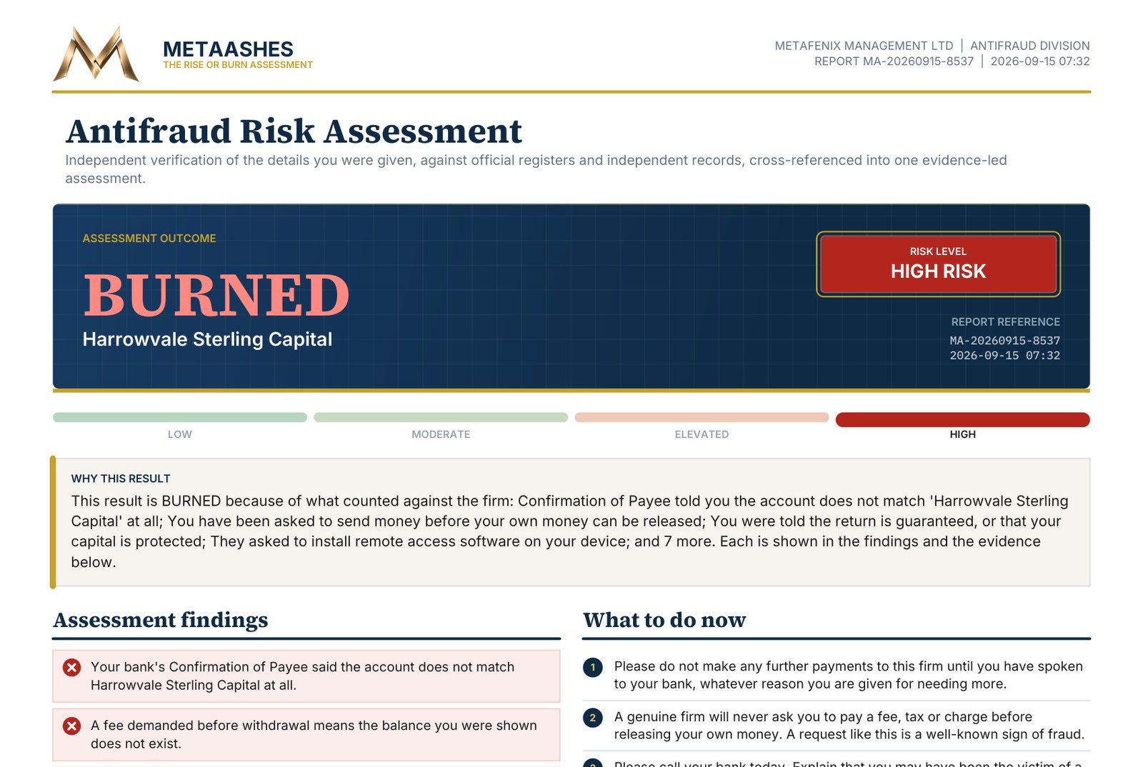 The first page of a MetaAshes report: a BURNED outcome, a high risk level, why the result was reached and the findings